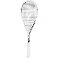 White squash racket with black and red design on a white background