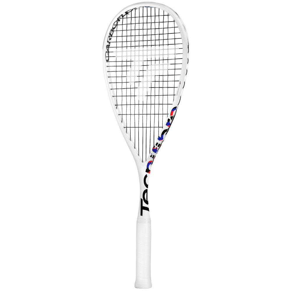White squash racket with black and red design on a white background